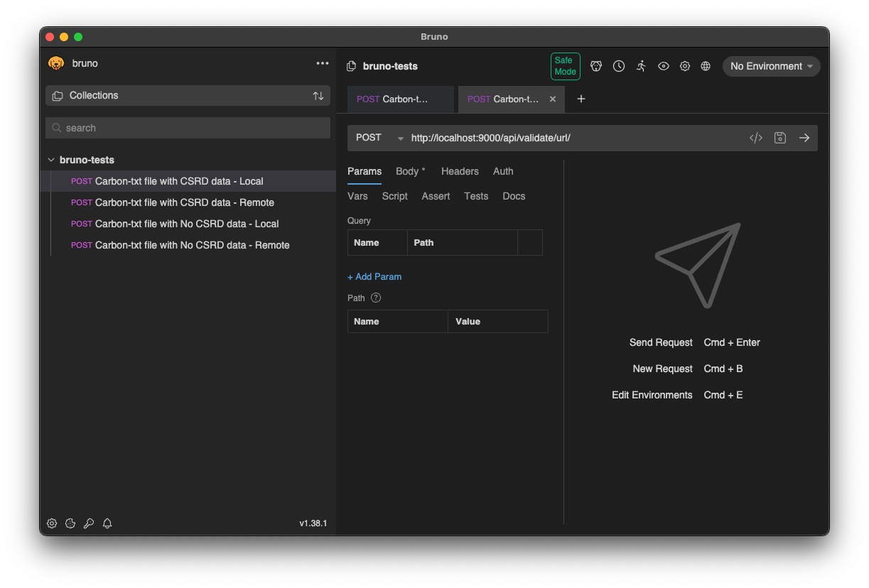 screenshot of Bruno's GUI testing an API payload