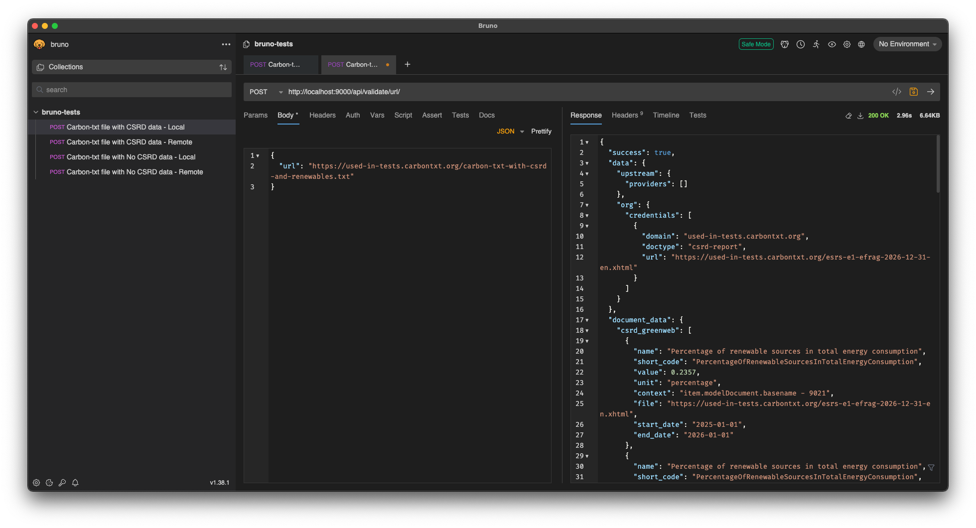 screenshot of Bruno's GUI testing an API payload